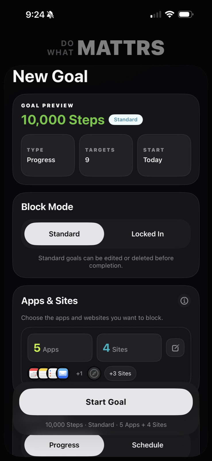 MATTRS New Goal screen showing goal preview, block mode, and apps and websites selection.