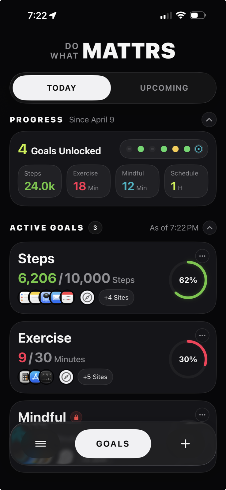 MATTRS Today view showing active goals, completed goals, and progress that unlocks access.