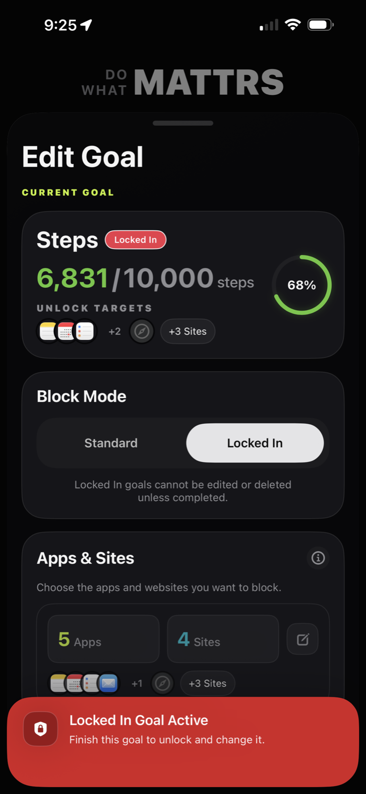 MATTRS Edit Goal screen showing Locked In mode and the active lock-state warning.