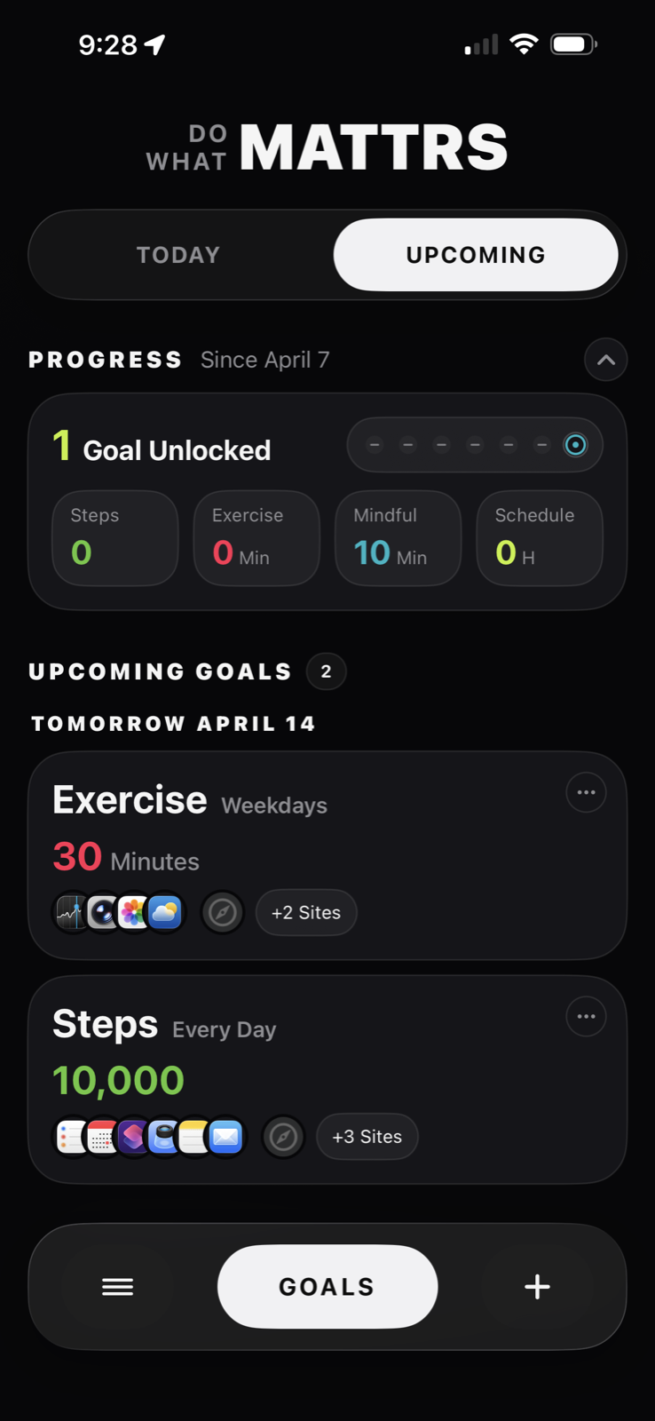MATTRS Upcoming view showing future goals and scheduled start times.