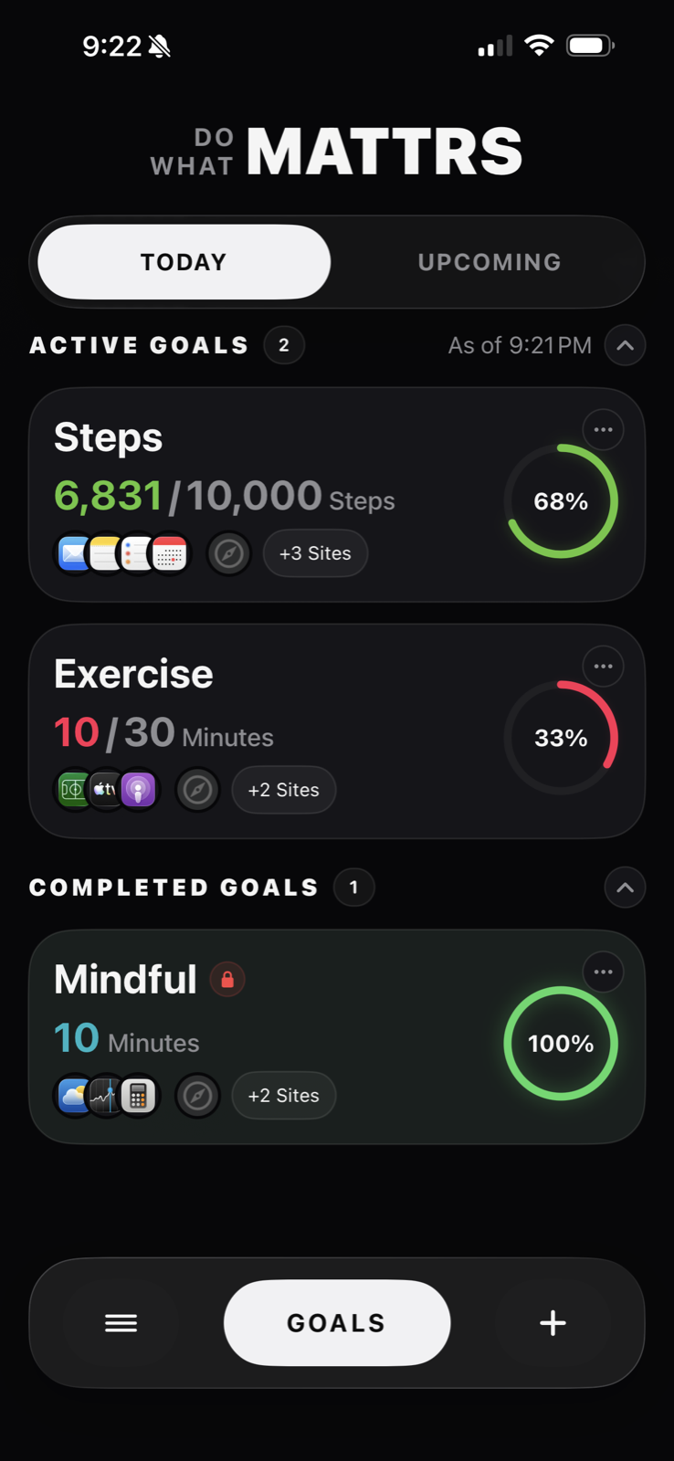 MATTRS Today progress overview showing unlocked goals and metric totals.